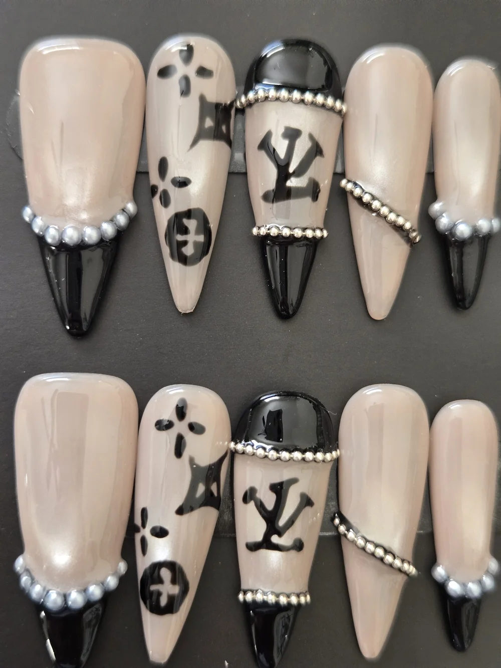 Hand Crafted Nude & Black Press-On Nails with Silver Bead Accents